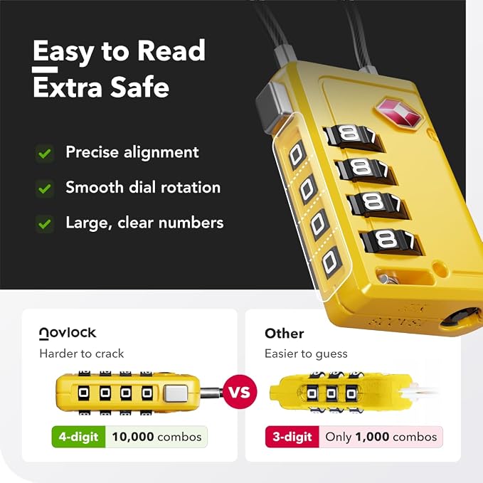 TSA Approved Luggage Locks, Travel Locks with Inspection Indicator | TSA008, Easy to Read Dials, 4 Digit Combination, Flexible Steel Cable, for Suitcases, Backpacks, Bags, 2-Pack, Yellow - Image 7