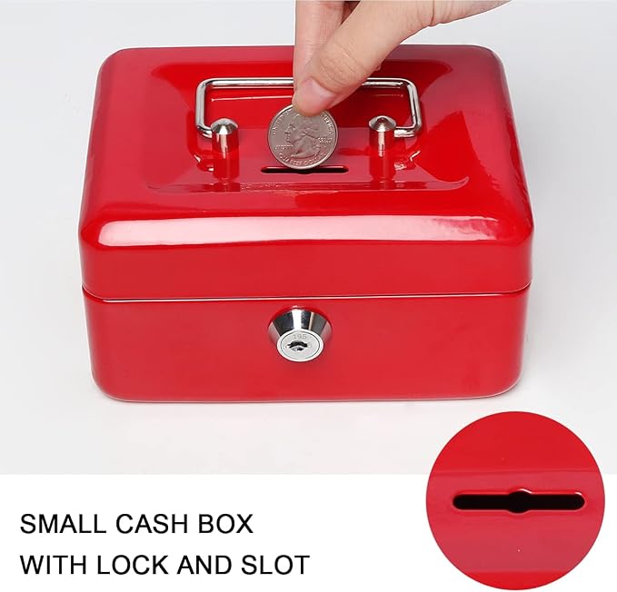Jssmst Small Lock Cash Box, Locking Money Box for Kids with Slot on Top, Red Lock Box, 5.91 x 4.72 x 2.95 inches, CB003-R - Image 7