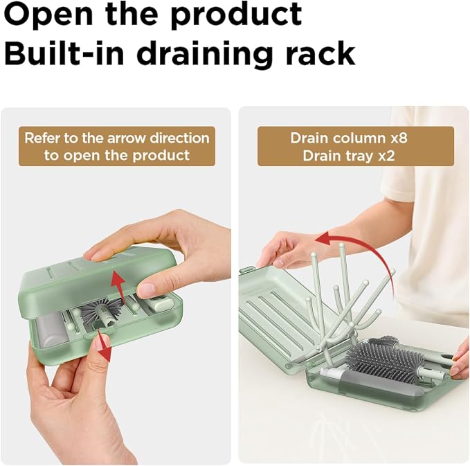 Travel Bottle Brush Set, Foldable Drying Rack, Dispenser | For On-The-Go Parents, 3 Silicone Brushes, Foldable Rack, Dispenser. Drying Slots, BPA-Free. - Image 2