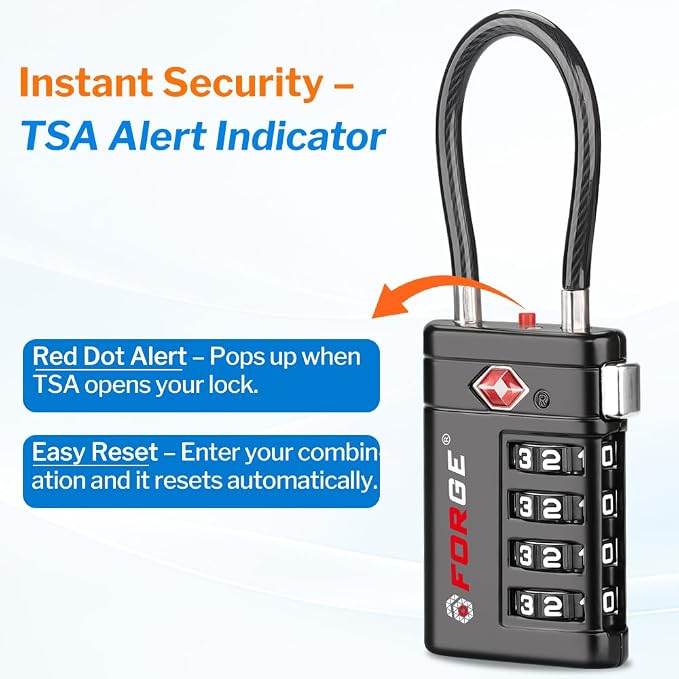 Forge TSA Approved Luggage Locks 4 Digit Combination TSA Travel Locks with TSA008, Open Alert Indicator, Zinc Alloy Body for Luggage, Suitcase, Backpack, and More. 1 Black Lock. - Image 3