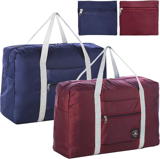 Foldable Travel Duffel Bags 2PCS Tote Carry On Luggage Spirit Airlines Personal Item Sports Gym Weekender Overnight Bags for Women and Men (Red+Blue) by INVODA