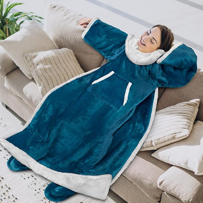 PAVILIA Sherpa Blanket with Sleeves, Foot Pocket for Women Men Adults, Thick Wearable Blanket Throw Wrap, Fleece Warm Snuggle Blanket Robe, Cozy Gift Ideas Wife Mom, Teal Blue - Image 3