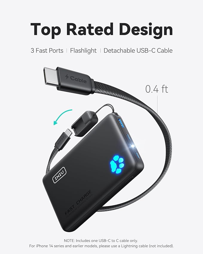 INIU 45W Fast Charging Portable Charger, Smaller 10000mAh Travel Power Bank | Flight-Safe, Detachable USB C Cable, Travel Essential, External Battery Phone Pack for iPhone 17 Samsung S26 iPad etc - Image 4