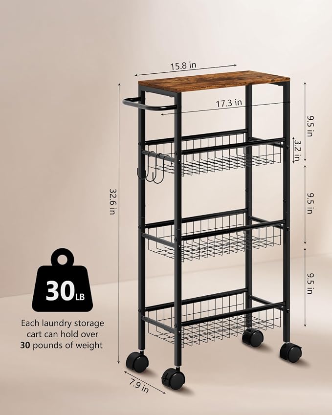 Rolling Utility Cart, 4-Tier Slim Narrow Storage Cart with Wheels for Kitchen, Laundry Room Organization, Metal Bathroom Organizer with Wood Top, Brown, 17.3" x 7.9" x 32.6" - Image 5
