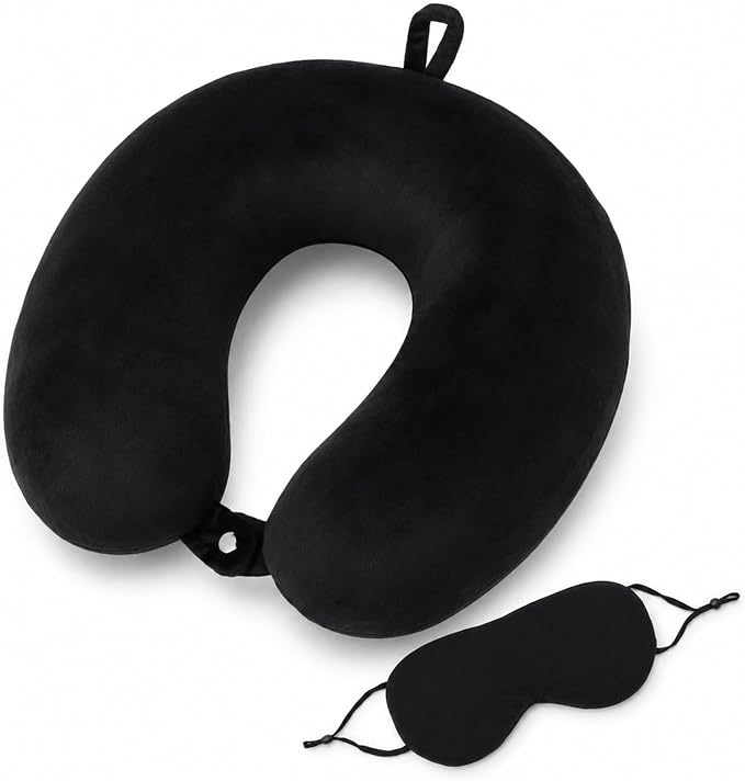 RAINFLOW Travel Neck Pillow Set - Black Memory Foam Cushion with Eye Mask | Airplane Pillow with Removable Washable Cover for Long Flights, Plane Sleeping, Neck Support and Travel Essentials by Unknown