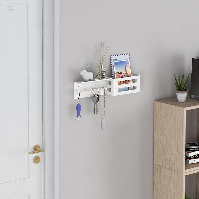 MKO Key Holder Wall Mount, Adhesive Key Hanger with 4 Hooks for Wall, White | Metal Material, Key Rack with Shelf, Wall Mount, Mail Organizer Tray, Suitable for Entryway, Hallway, Living Room - Image 5