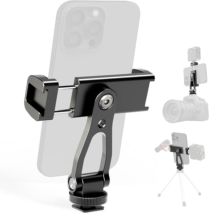 All Metal Phone Tripod Mount, 360° Rotation Tripod Phone Mount with 2 Cold Shoes, Adjustable Cell Phone Mount Adapter with 1/4" Thread, Compatible with iPhone Android Phones, Digital Camera - Image 8