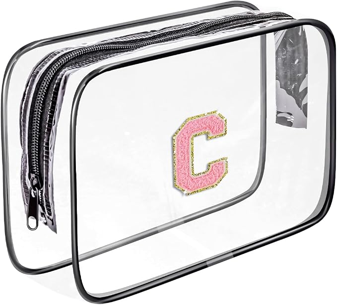 Clear Toiletry Bag,Portable Travel Toiletry Bag,Chenille Letter Cosmetic Bag with Zipper,Waterproof Makeup Bag,Cosmetic Storage Organizer for Women Men,Travel Essentials (Black,C) by Fodofodo