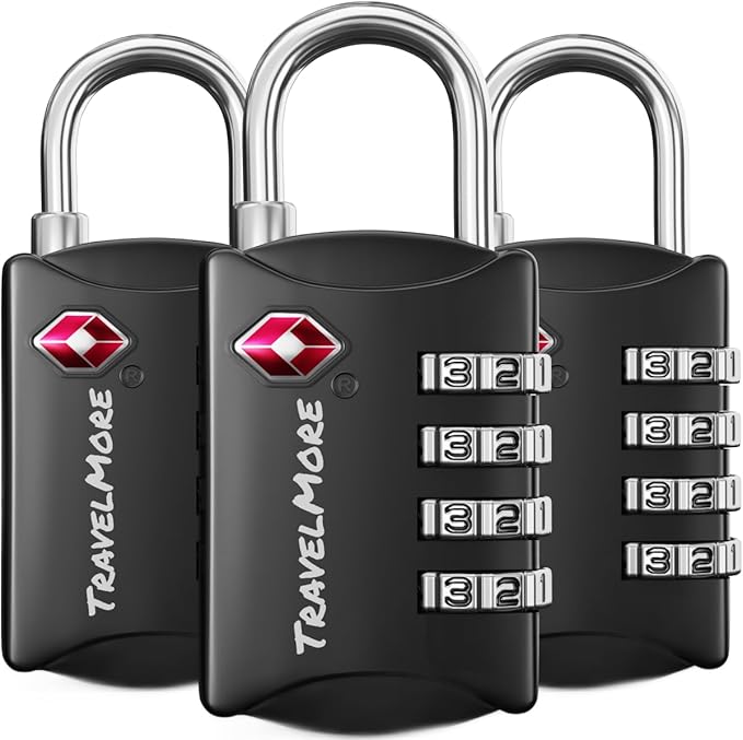 Luggage Locks TSA Approved, 4-Digit Travel Combination Locks | TSA Accepted, Easy to Use, Compact, Lightweight, Durable, Zinc Alloy Body, for Suitcases, Backpacks, Zippers, 3-Pack, Black by TravelMore