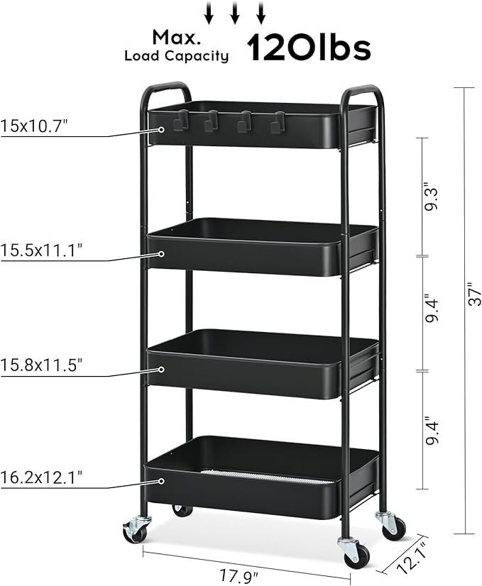 TOOLF 4 Tier Metal Rolling Cart, Utility Storage Cart with Wheels, Black | Screwless Assembly, Lockable Metal Wheels, Trolley Organizer for Bathroom, Kitchen, Office, Dorm, Laundry, Craft Room - Image 2