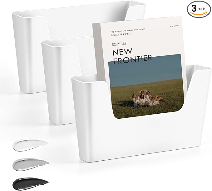 JOMOLA No Drilling File Holder 3 Pack Mail Organizer Wall Mount File Organizer Holder Office Wall Hanging Files Magazines Organizer Plastic Door Mount Wall Pocket with Adhesive Pad, White Color by JOMOLA