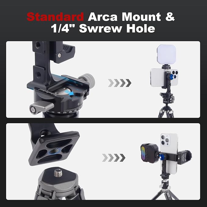 360 Rotation Aluminum Alloy Phone Mount Clamp with Cold Shoe & Arca Plate - Universal Horizontal/Vertical Holder for iPhone Samsung Vlog Live Streaming Camera Accessories 83001 - Image 4