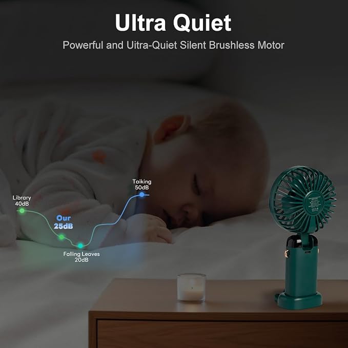 2 PCS Portable Handheld Fan, 12 hours Upgrade 3200mAh Mini Fan with Stand, 90° Foldable, 5 Speed Wind,Hand Held/Neck/Desk 3 in 1 Personal Small Fans, Makeup Fans for Women (Purple, Green) - Image 7