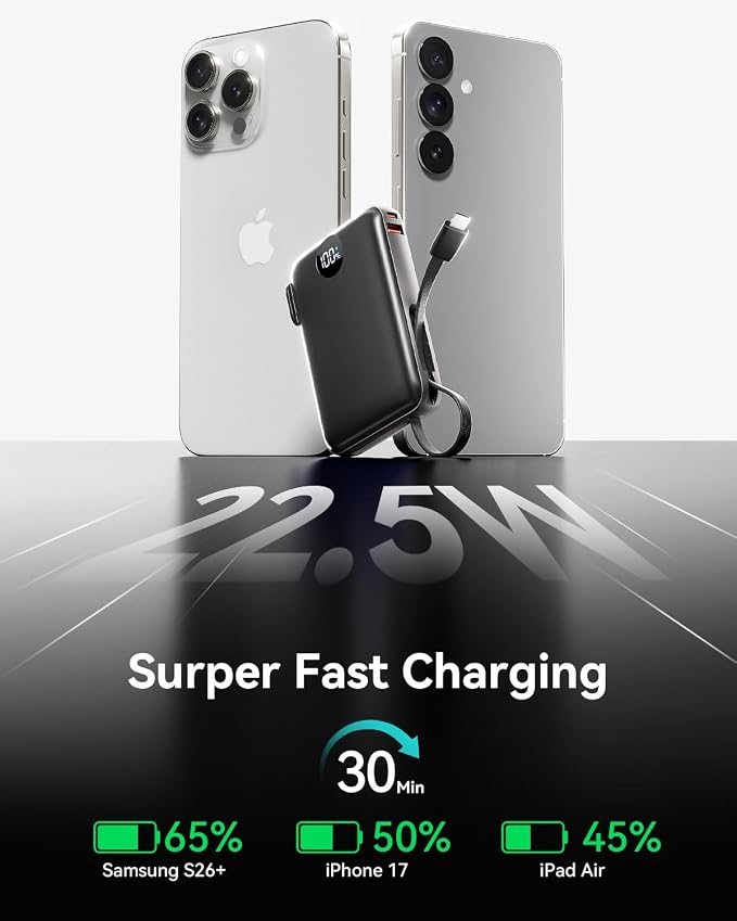 Portable Charger Power Bank 10000mAh, 45% Smaller Built-in Cables & AC Plug | Built-in Cables & AC Plug, 22.5W Fast Charging, 4-Device Charging, Travel Essential, for iPhone, iPad & Samsung Galaxy, Black - Image 8