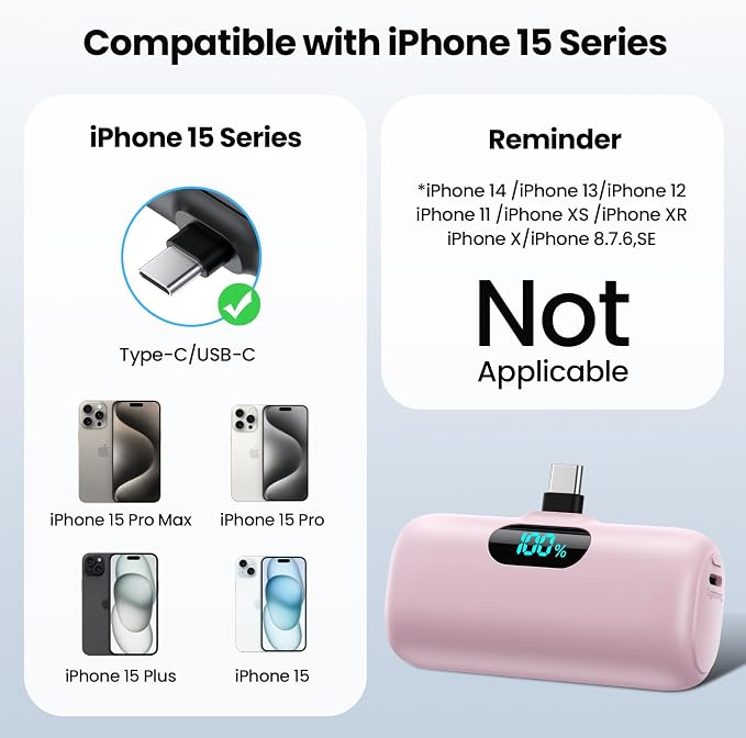 [2-Pack] Mini Portable Charger USB C Power Bank,Upgraded 5000mAh PD Fast Charging Battery Pack Built-in USB-C Connector Travel Essential for iPhone17/17Pro/17Pro Max/Air/16 Plus/16Pro Max/15 Series - Image 2