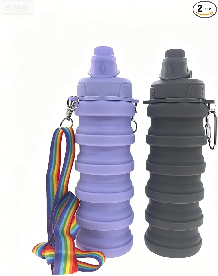 Silicone Collapsible Travel Water Bottles 17.6oz Dark Grey And Purple | Foldable Reusable Leakproof,With Mountaineering Buckle And Adjusting Rope For Sports Camping Hiking Cycling Yoga by YCTMALL