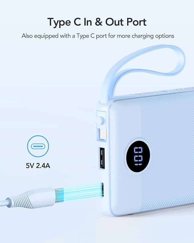 VRURC Portable Charger for iPhone, Built in 4 Cables Power Bank 10000mAh | Compact USB C Charging Bank 5 Outputs for Multi Devices,Travel Essential for Hiking Camping Business Cruise Ship-Blue - Image 4