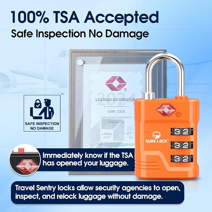 SURE LOCK TSA Approved Luggage Lock – 3-Digit Resettable Combination Padlock with Open Alert Red Dot, Large Easy-Read Dials for Suitcases, Backpacks, Gym & School Lockers (Orange 2 pk) - Image 3