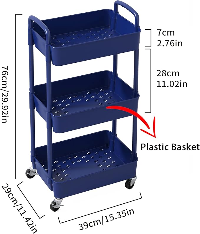 Sywhitta 3-Tier Plastic Rolling Utility Cart with Wheels for Storage,Blue | Multi-Functional Storage Trolley, for Office, Living Room, Kitchen, Bathroom,Movable Organizer,Space-Saving,Easy to assemble - Image 2