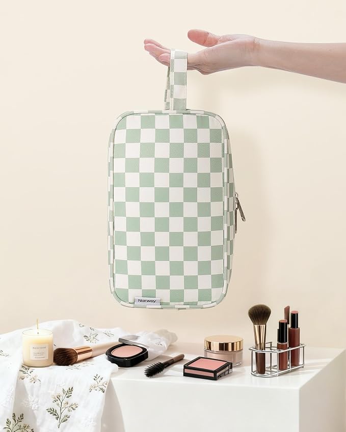 Narwey Travel Toiletry Bag for Women Traveling Dopp Kit Travel Bag for Toiletries Cosmetic Bag Makeup Bag Medicine Bag for Traveling (Mint Green Checkerboard) - Image 7
