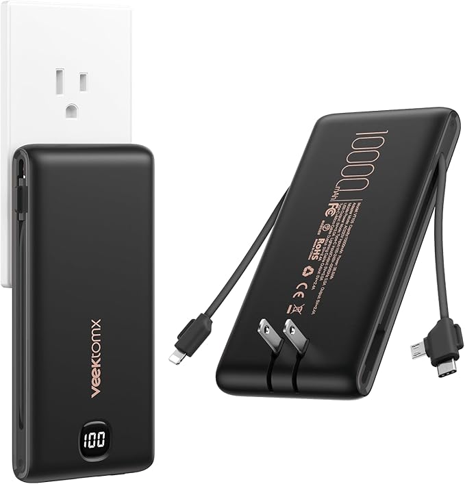 VEEKTOMX Portable Charger with Built-in Cables and AC Wall Plug, 10000mAh | Pocket-Size Travel Power Bank with USB-C and Micro-USB Cables for up to 4 Devices Including iPhone, iPad, Samsung, jet black by VEEKTOMX