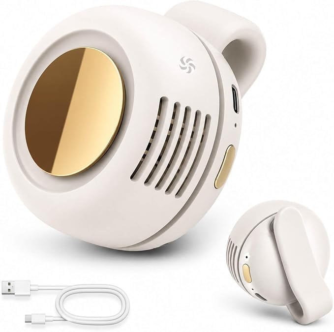 Clip on Fan, Portable Wearable Personal Mini Fan for Shirt & Waist, 3-Speed Quiet Bladeless Rechargeable Fan, USB-C, 360° Adjustable Hands-Free Cooling for Travel Outdoor Office (White) by Unknown