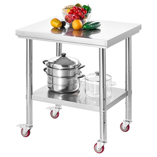 VEVOR Stainless Steel Table, 24 x 30 Inches Food Prep Worktable with Wheels, Kitchen Prep Table with Adjustable Undershelf Workstations for Commercial Kitchen, Restaurant, Hotel and Garage, Outdoor by VEVOR