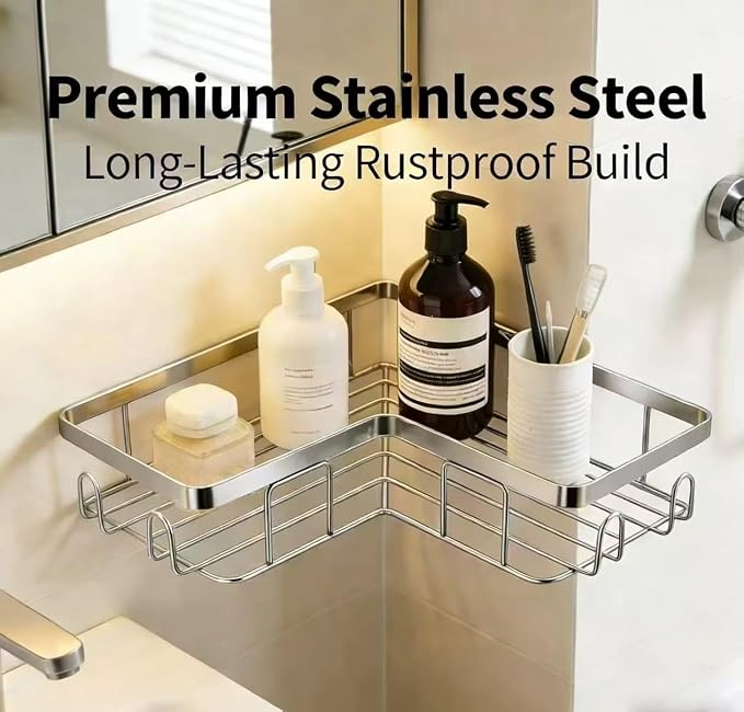 Shower Caddy 2 Pack, Stainless Steel No Drilling Adhesive Bathroom Organizer Shelf Rack, Corner Shower Shelf with Hooks for Home Decor & Storage - Image 2