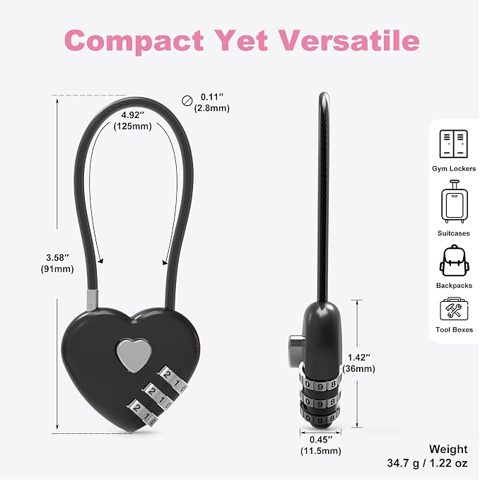 3 Digit Combination Lock, Combo Cable Lock with Code, Small Padlock Combination, for Luggage, Suitcase, Gym Locker, Backpack Bag Zipper, Cabinet, Mailbox, Fence, Travel Safe Outdoor Use - Image 3