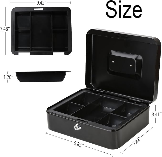 Decaller Large Cash Box with Money Tray, Metal Money Box with Key Lock for Home or Business, 9.83" x 7.82" x 3.41", Black - Image 3