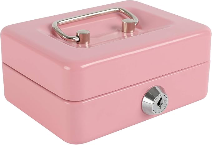 xydled Locking Steel Mini Cash Box with Removable Coin Tray and Key Lock for Kids, 4.92" x 3.74" x 2.36",Pink | Steel Cash Box with Key Lock, Removable Tray & Carry Handle, for Office, Retail, Home, and Money Storage, 4.9" x 3.7" x 2.4" by xydled