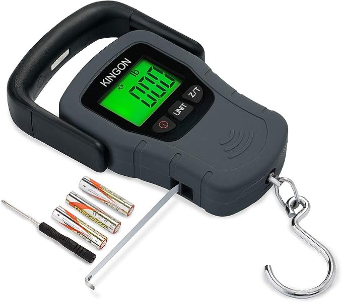 Digital Hanging Luggage Scale with Comfortable Handle and Large Hook, 110lb/50kg, Backlit Portable Scale for Travel Fishing with Tare/Hold Function, AAA Batteries Included, Grey by KINGON