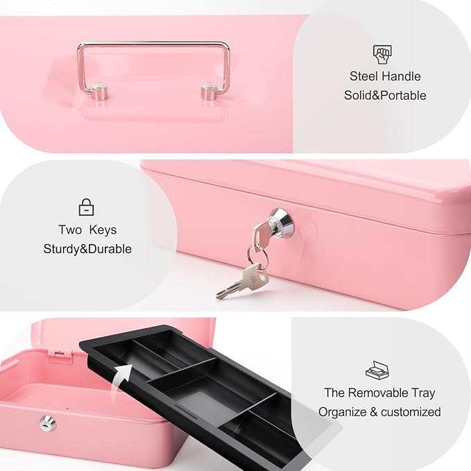 Jssmst Large Cash Box with Key Lock - Durable Metal Cash Box with Money Tray, 11.81 x 9.84 x 3.46 inches (X-Large, Pink) - Image 4