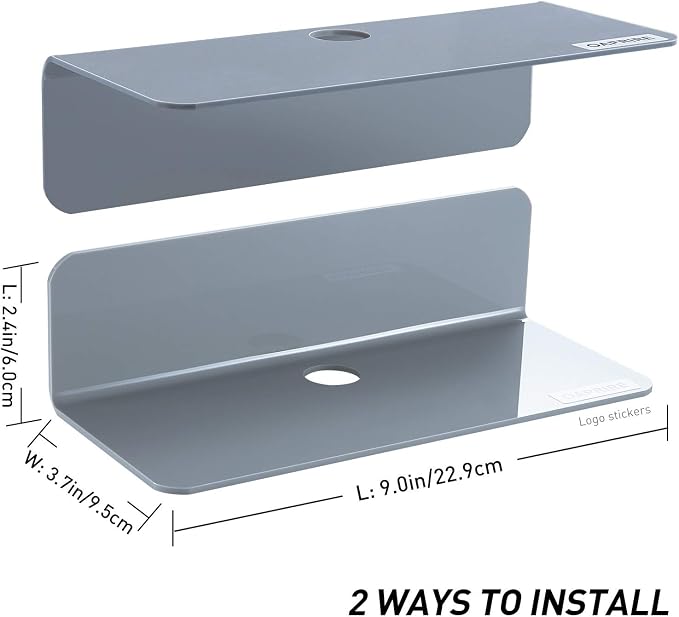 OAPRIRE Acrylic Floating Wall Shelves Gray, No Drill, 9 Inch 2 Pack | Strong Tape Adhesive Wall Shelf, Easy Installation, Hole Design with Cable Clips, Small Spaces Bedroom Bathroom Living Room - Image 3