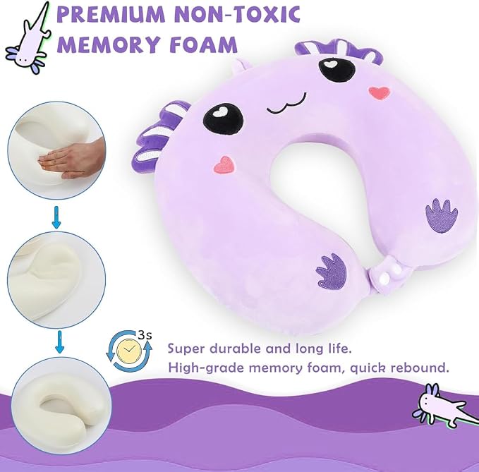 Travel Pillow, Kids Travel Pillow with Sleep Eye Mask Soft Memory Foam Kids Neck Pillow for Boys & Girls, Travel Accessories for Car Airplane Traveling - Purple Axolotl - Image 3