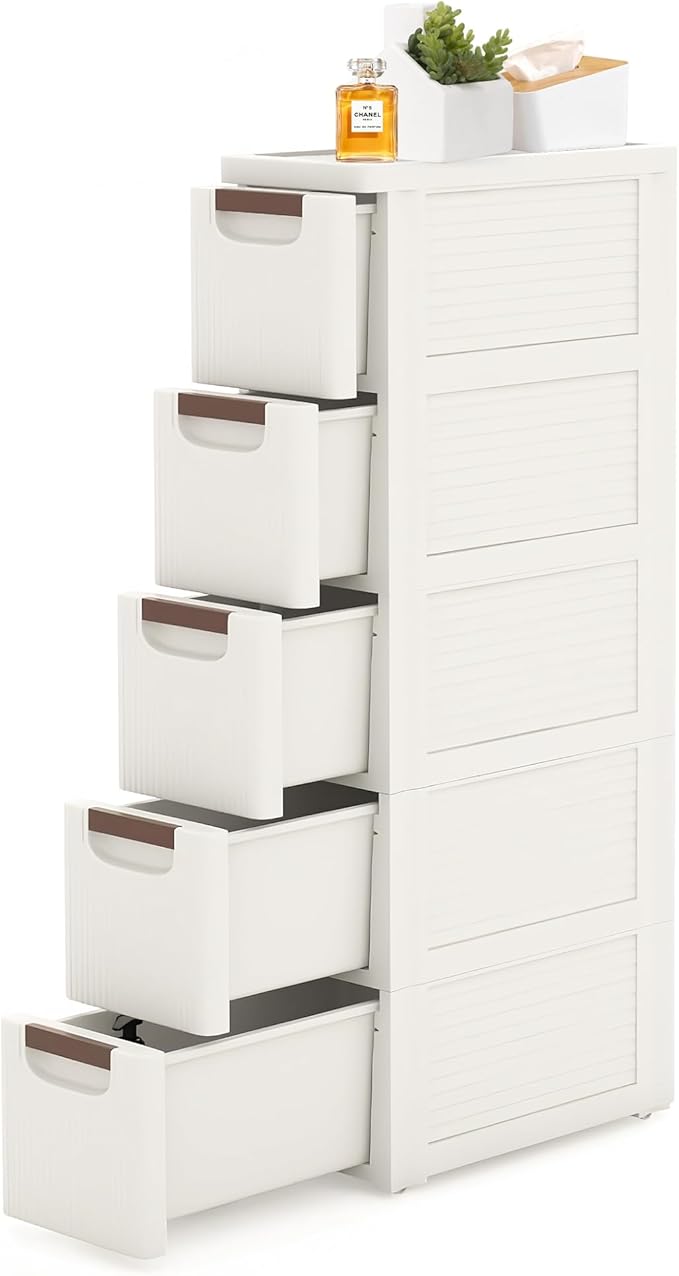 5 Drawers Slim Bathroom Storage Cabinet Dresser, Narrow Plastic Rolling Cart Organizer with Drawers, for Small Spaces, Kitchen, Laundry, Office, Bedroom, White by YABORAS
