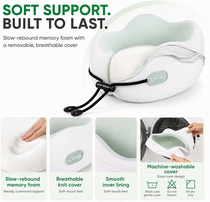 Memory Foam Travel Neck Pillow for Airplane Travel, Head and Chin Support, Adjustable Strap, Washable Cover, Carry Case - Image 5