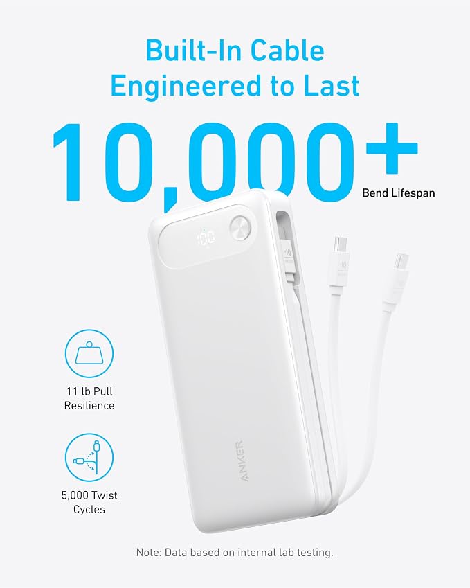 Anker Power Bank, 20,000mAh Travel Essential, Built-in USB-C Cable(White) | 3-Port 87W Max Fast Charging Battery Pack, for MacBook, iPhone 16 / 15 Series, Samsung, Switch, and More - Image 5