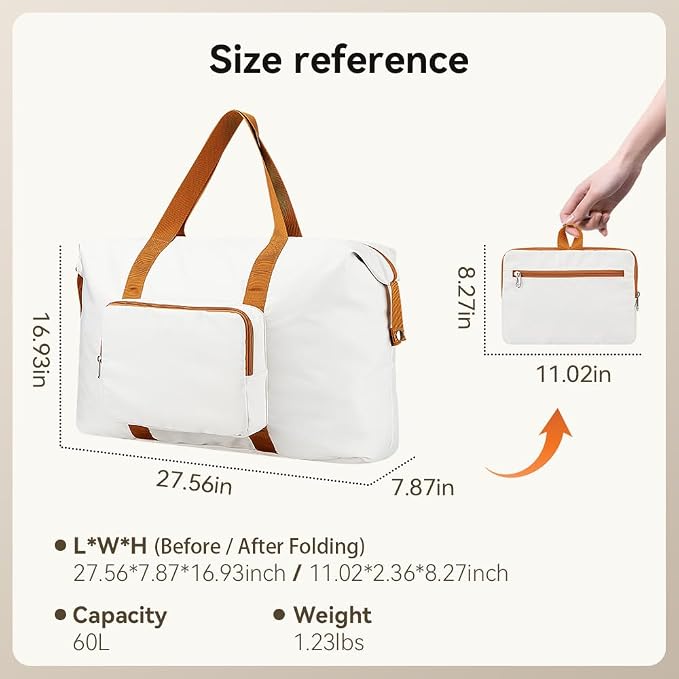 Travel Duffel Bag 60L Large Tote Carry On Foldable, White-Brown | Carry On Duffel Bag for Women Men, Foldable Bags for Travel, Hospital Bag for Labor and Delivery, Weekender Overnight Bag - Image 7