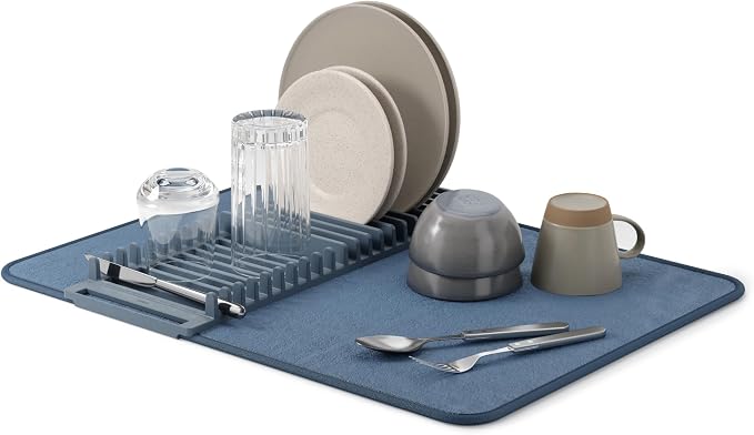 Umbra Udry Dish Drying Rack with Mat, Folds Flat for Storage, Slate Blue | Protects countertop, BPA-free, recycled plastic construction by Umbra