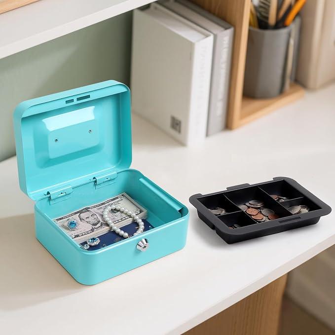 Jssmst Cash Box with Key Lock - Durable Metal Cash Box with Money Tray, Light Blue, Medium - Image 6