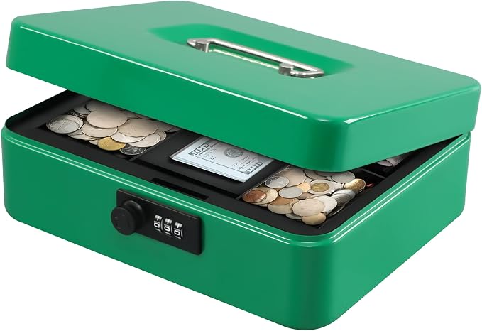 KYODOLED Large Cash Box with Combination Lock,Safe Metal Box for Money, Storage Lock Box with Money Tray,9.84"x 7.87"x 3.54" Green Large by KYODOLED