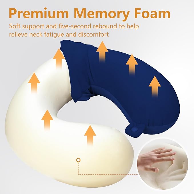 Travel Pillow, Memory Foam Neck Pillow for Traveling, U Shape Airplane Portable Flight Pillow Adult Travel Neck Pillow for Plane Train Car Home Office (Dark Blue) - Image 3