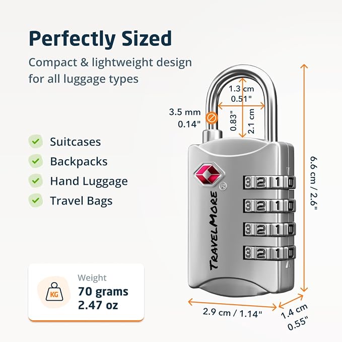 Luggage Locks TSA Approved, 4-Digit Travel Combination Locks | TSA Accepted, Easy to Use, Compact, Lightweight, Durable, Zinc Alloy Body, for Suitcases, Backpacks, Zippers, 5-Pack, Silver - Image 2