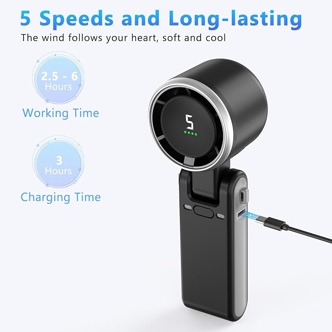 COO Portable Handheld Turbo Fan, 5-Speed Rechargeable Personal Fan | 180° Foldable 3 IN 1 Design with LED Display, Mini Desk Fan for Office, Travel & Outdoor Activities, Black - Image 4