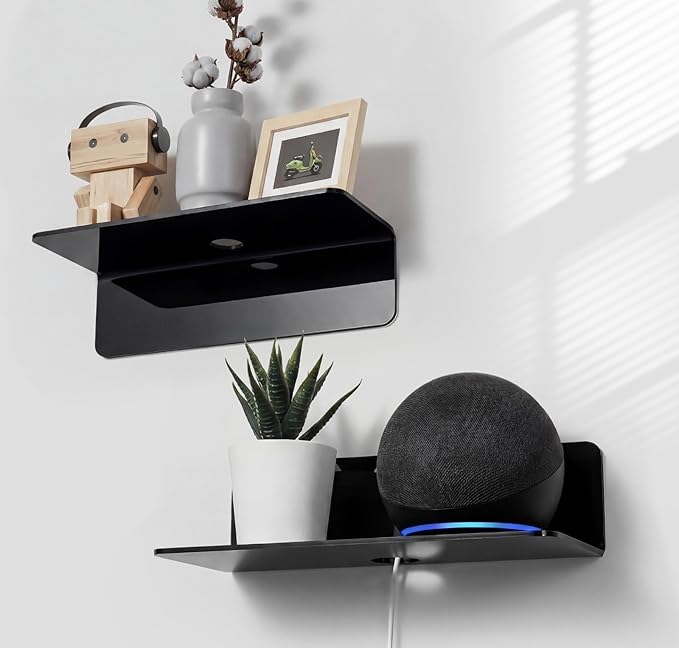 OAPRIRE Acrylic Floating Wall Shelves Black, No Drill, 9 Inch 2 Pack | Strong Tape Adhesive Wall Shelf, Easy Installation, Hole Design with Cable Clips, Small Spaces Bedroom Bathroom Living Room by OAPRIRE