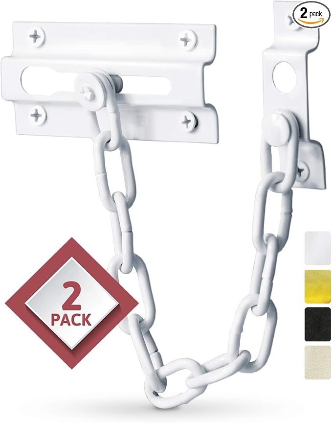 Jack N'Drill 2 Pack Door Chain Lock, Exclusive Chain Door Lock with Extended Chain Length, 100% Child Proof Safety, Heavy Duty Chain Locks for Inside Door and Extra Front Door Lock (White) by JD+Jack+N%27Drill