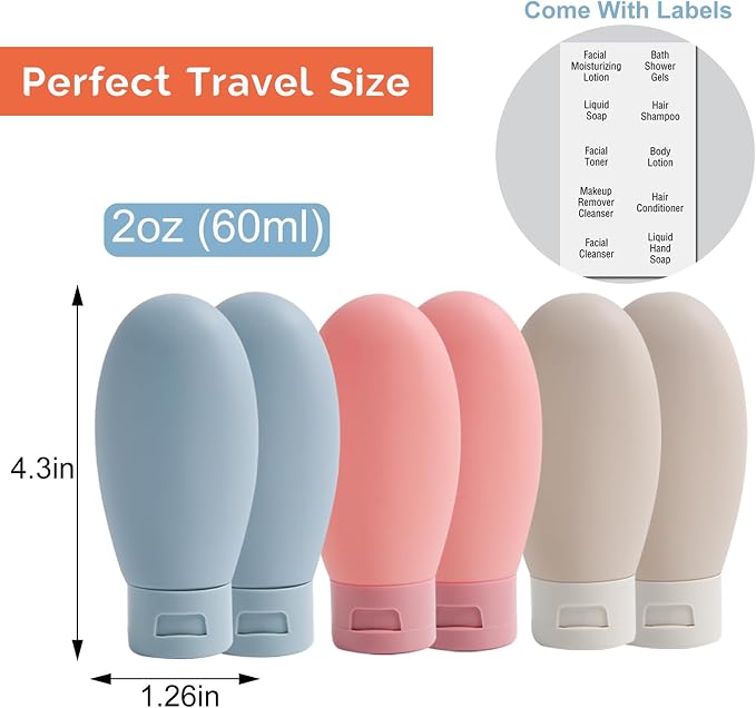 Travel Bottles for Toiletries 6 Pack, Leakproof 2 oz Tsa Approved Travel Size Containers, BPA Free Plastic Shampoo and Conditioner Bottles, Camping Travel Essentials (Multicolor - A) - Image 3