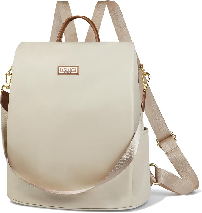 Anti Theft Backpack Purse for Women Convertible Nylon Backpack Beige | Hidden Back Zipper Opening, Compact Travel Size,Summer Purse, Daypack for College Work, Fits 13-inch laptop by Fmeida