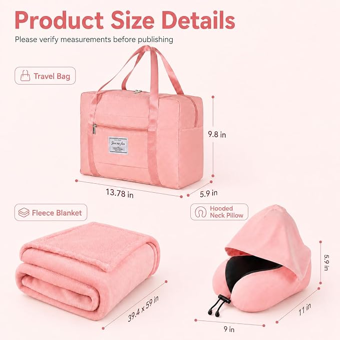 Travel Blanket and Pillow Set - Hooded Neck Pillow Airplane Essentials Pink | Memory Foam, Sleep Mask, Earplugs, Foldable Duffel Bag Soft Comfort for Long Plane Flight Traveling Car Road Trip Flying - Image 2